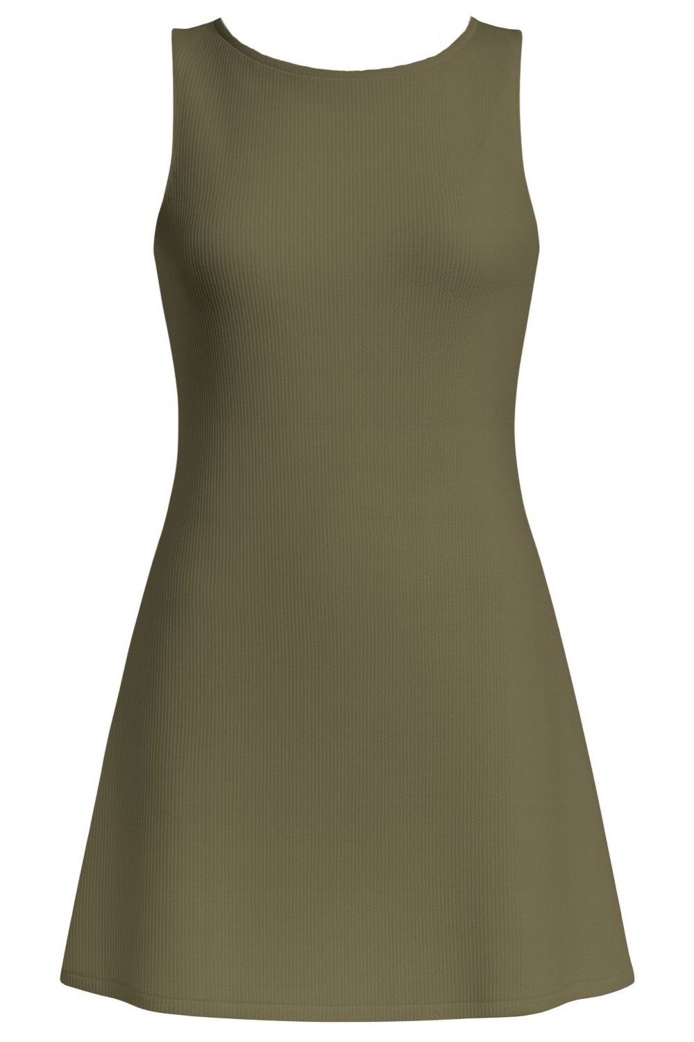 Vestido corto canalé de fit recto, sin mangas, cuello barco y escote en espalda con lazo amarrable posterior.