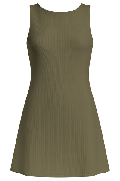 Vestido corto canalé de fit recto, sin mangas, cuello barco y escote en espalda con lazo amarrable posterior.