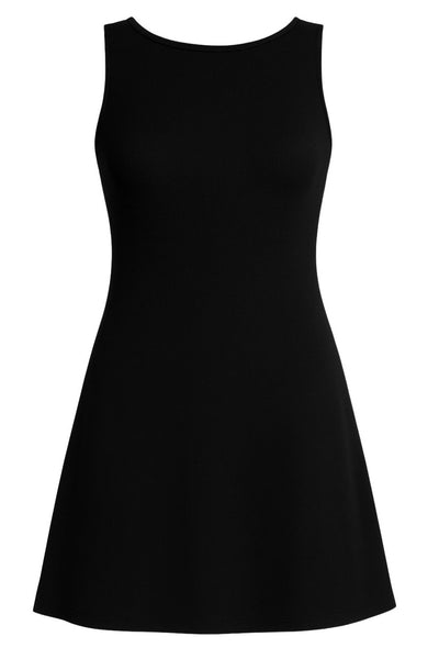 Vestido corto canalé de fit recto, sin mangas, cuello barco y escote en espalda con lazo amarrable posterior.