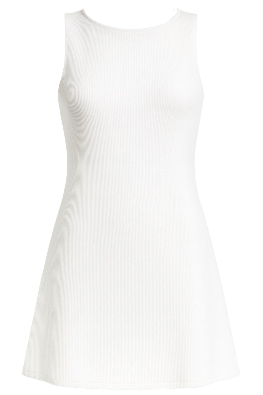 Vestido corto canalé de fit recto, sin mangas, cuello barco y escote en espalda con lazo amarrable posterior.