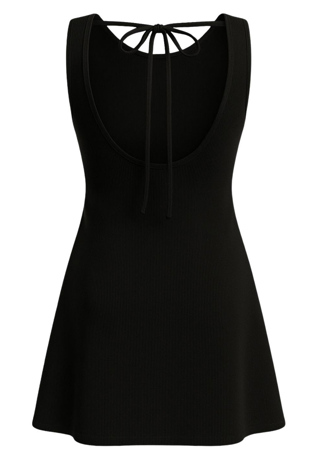 Vestido corto canalé de fit recto, sin mangas, cuello barco y escote en espalda con lazo amarrable posterior.